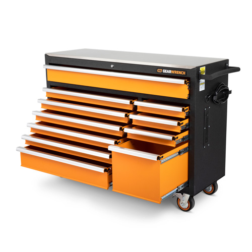 Armoire &agrave; outils roulante avec dessus de travail en acier inoxydable, 11 tiroirs, 52" la x 18" p x 36" h, Noir/Orange Les Distributions ICE