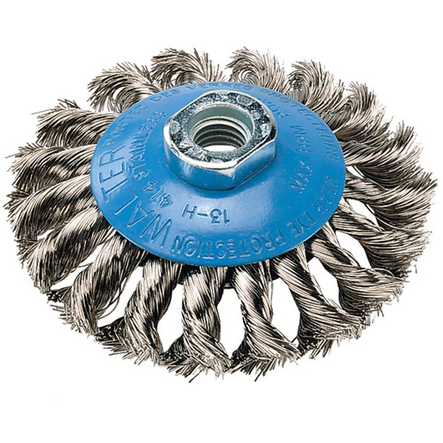 Brosse concave &agrave; fils nou&eacute;s torsad&eacute;s, Dia. 7", Fils 0,02", Arbre 5/8"-11, Aluminium/Acier inoxydable Les Distributions ICE