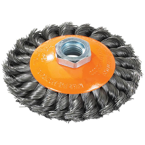 Brosse concave &agrave; fils nou&eacute;s torsad&eacute;s, Dia. 7", Fils 0,02", Arbre 5/8"-11, Acier Les Distributions ICE