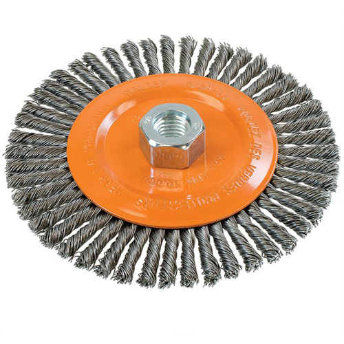 Brosse &agrave; fils nou&eacute;s pour cordons de soudure, Dia. 6", Fils 0,02", Arbre 5/8"-11, Acier Les Distributions ICE