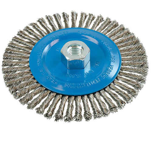 Brosse &agrave; fils &eacute;troits nou&eacute;s et torsad&eacute;s, Dia. 6", Fils 0,02", Arbre 5/8"-11, Aluminium/Acier inoxydable Les Distributions ICE