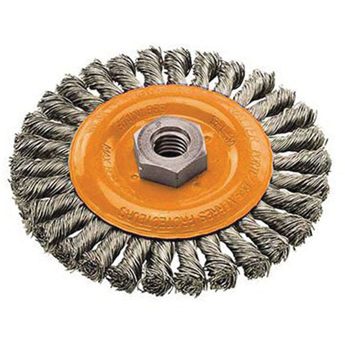 Brosse rotative &agrave; fils nou&eacute;s large, Dia. 4", Fils 0,02", Arbre 5/8"-11, Acier Les Distributions ICE