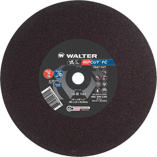 Meule &agrave; tronçonner Ripcut II pour la coupe de l'acier inoxydable et l'acier sur scies fixes, 14" x 1/8", Arbre de 1", Type 1, Oxyde d'aluminium, 4400 Tr/min Les Distributions ICE
