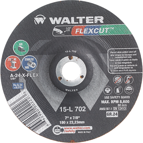 Meules &agrave; moyeu d&eacute;port&eacute; Flexcut, 7", 24 Grain, Oxyde d'aluminium, 7/8", 8600 Tr/min, Type 29 Les Distributions ICE