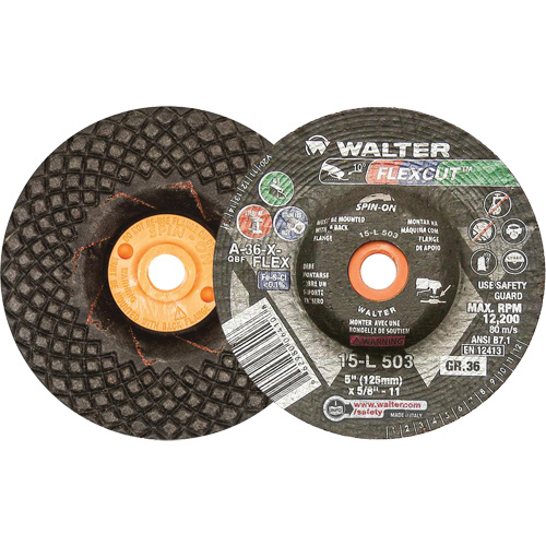 Meules &agrave; moyeu d&eacute;port&eacute; Flexcut, 5", 36 Grain, Oxyde d'aluminium, 5/8"-11, 12 200 Tr/min, Type 29 Les Distributions ICE