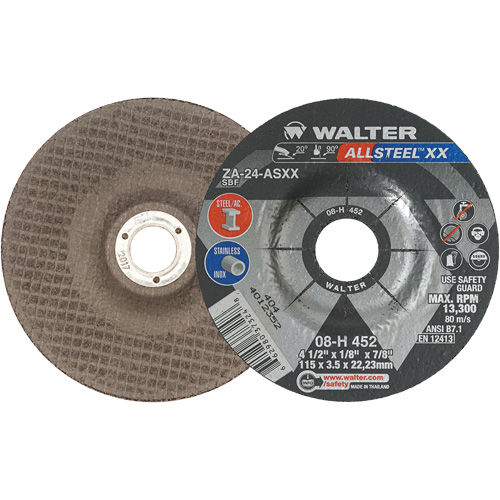 Meules &agrave; moyeu d&eacute;port&eacute; ALLSTEEL XX, 4-1/2" x 1/8", Arbre de 7/8", Type 27, Alumine de zirconium, 13 300 Tr/min Les Distributions ICE
