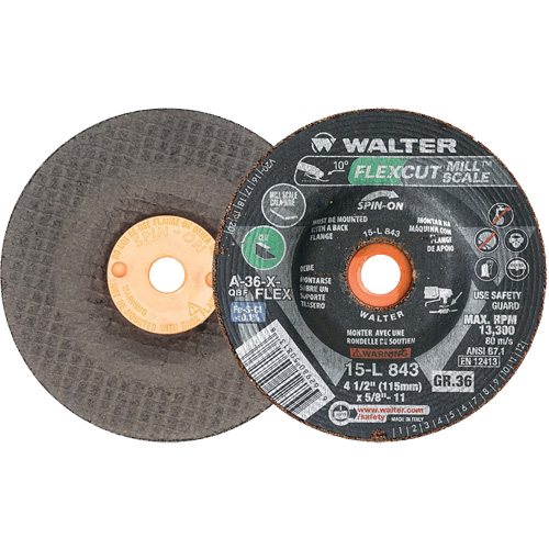Meule FLEXCUT MILL SCALE, 4-1/2", 36 Grain, Oxyde d'aluminium, 5/8"-11, 13 300 Tr/min, Type 29 Les Distributions ICE