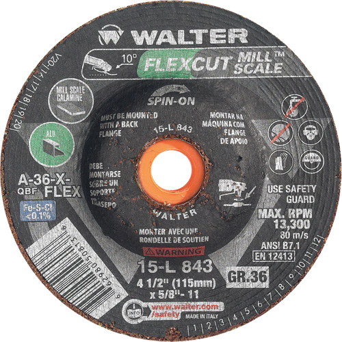 Meule FLEXCUT MILL SCALE, 4-1/2", 36 Grain, Oxyde d'aluminium, 5/8"-11, 13 300 Tr/min, Type 29 Les Distributions ICE