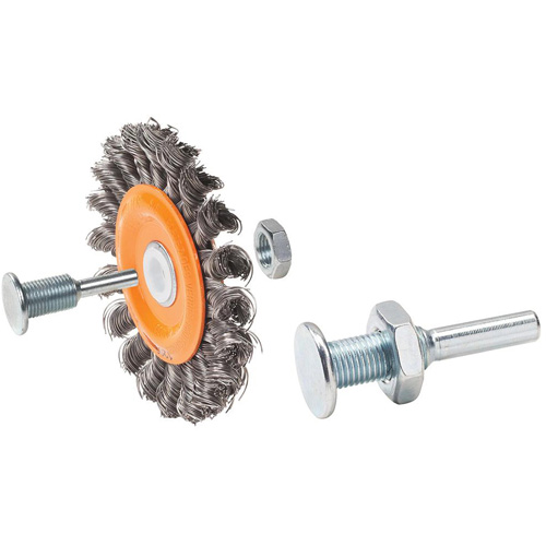Brosse rotative mont&eacute;e &agrave; fils nou&eacute;s torsad&eacute;s r&eacute;versible, Dia. 4", Fils 0,0118", Arbre 5/8", Acier Les Distributions ICE