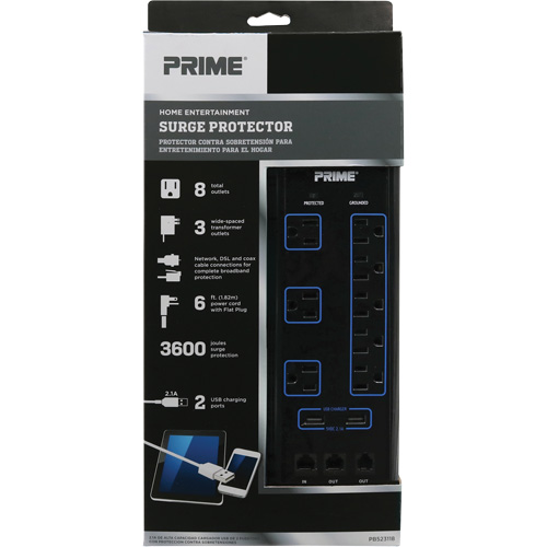 Limiteurs de surtension avec chargeur USB, 8 Prises, 3600 J, 1875 W, Cordon 6' Les Distributions ICE