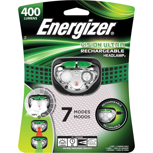 Lampe frontale Vision Ultra, DEL, 400 lumens, 4 hres de fonctionnement, piles Rechargeable Les Distributions ICE