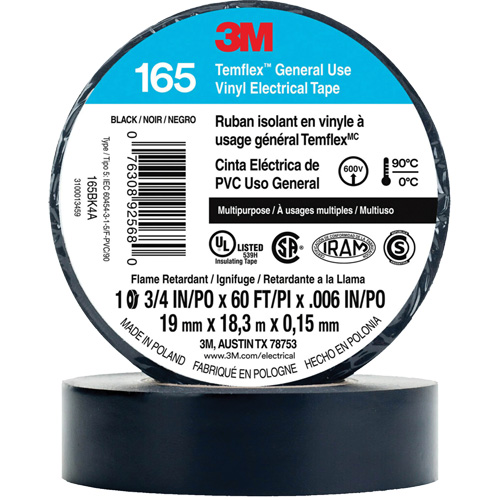 Ruban isolant en vinyle &agrave; usage g&eacute;n&eacute;ral Temflex 165, 19 mm (3/4") x 18 m (60'), Noir, 6 mils Les Distributions ICE