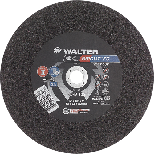 Meule &agrave; tronçonner Ripcut II pour la coupe de l'acier inoxydable et l'acier sur scies fixes, 12" x 1/8", Arbre de 1", Type 1, Oxyde d'aluminium, 5100 Tr/min Les Distributions ICE
