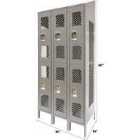 Vented Lockers, 2 -tier, Bank of 3, 36" x 18" x 88", Steel, Grey, Knocked Down, Perforated Les Distributions ICE