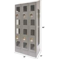 Vented Lockers, 2 -tier, Bank of 3, 36" x 18" x 88", Steel, Grey, Knocked Down, Perforated Les Distributions ICE