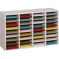 Adjustable Compartment Literature Organizer, Stationary, 36 Slots, Wood, 39-1/4" W x 11-3/4" D x 24" H Les Distributions ICE