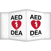 90° Projecting "AED/DEA" Sign, 9" x 6", Plastic, Bilingual with Pictogram Les Distributions ICE