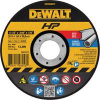Meule de tronçonnage des m&eacute;taux HP, 4-1/2" x 0,04", Arbre de 7/8", Type 1, Oxyde d'aluminium, 13 300 Tr/min Les Distributions ICE